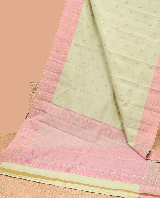 Mint green buttas kancheepuram silk saree with contrast border of rekku, muthu, banaras, poo chakram design & zari design pallu