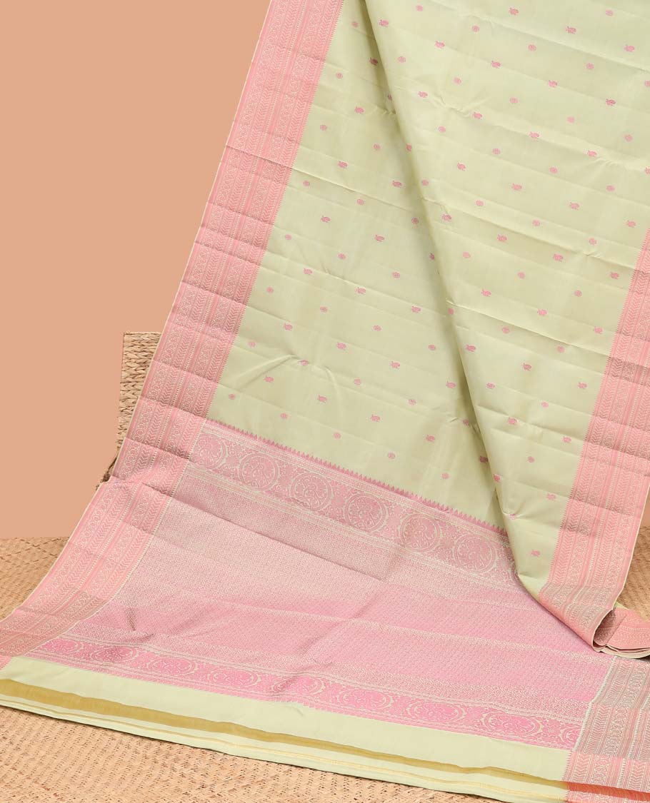 Mint green buttas kancheepuram silk saree with contrast border of rekku, muthu, banaras, poo chakram design & zari design pallu