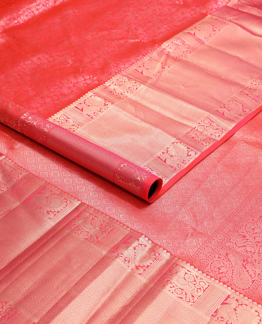 Red floral design kancheepuram silk saree with self border of intricate zari design border & floral design pallu