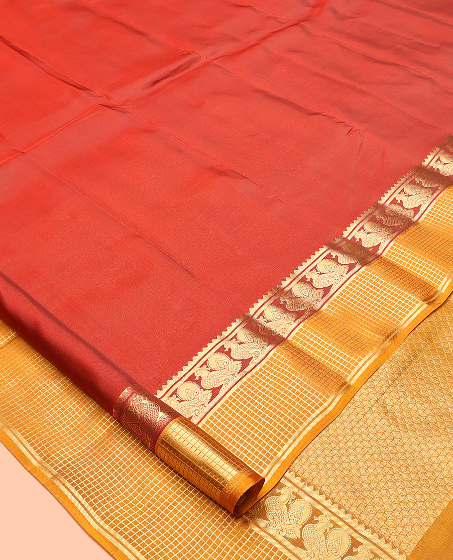 Red Plain Vasundhara Lite Silk Mix Saree, a Contrast Checked Zari Border of Rekku, and Mayil Designs, Grand Pallu, and a Contrast Blouse