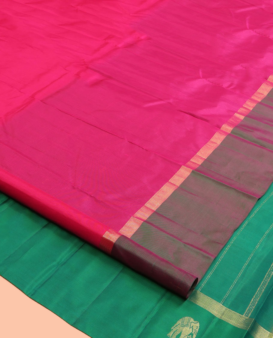 Pink Kanchipuram Silk Saree, Woven with Zari Buttas, Complemented by a Contrast Mayil and Yaanai Border, Pallu of Zari Design, and Contrast Blouse