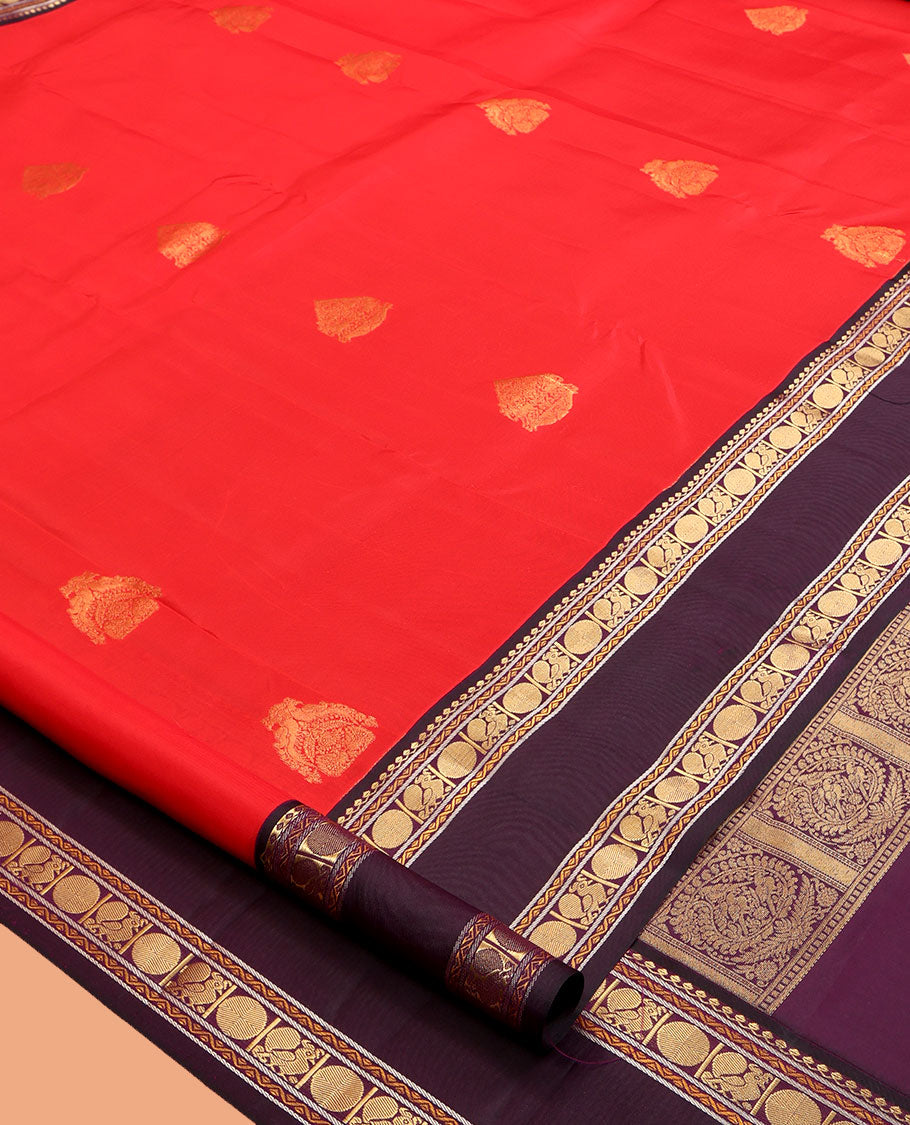 Red Vasundhara Lite Silk Mix Saree, Elevated with Zari Buttas, a Contrast Rettai Pettu Border of Salngai, Neli, Mayil, and Poun Design, Intricate Pallu, and a Contrast Blouse