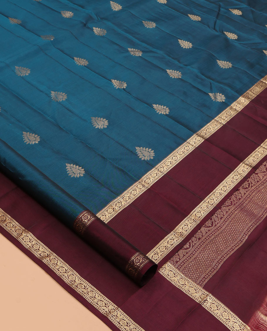 Blue Vasundhara Lite Silk Mix Saree, Adorned with Zari Buttas, a Contrast Rettai Pettu Border, Jaal Pallu, and Contrast Blouse