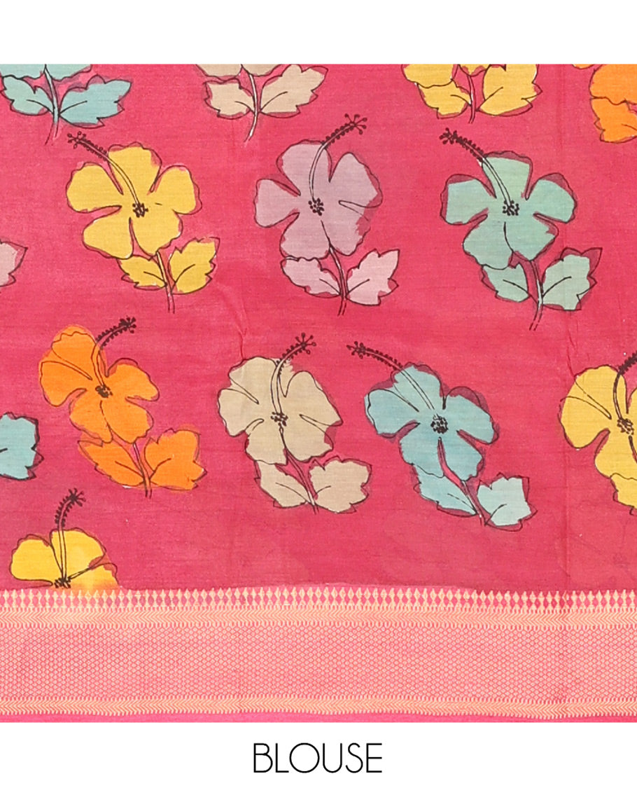 Green Kalamkari Silk Saree, Subtly Enriched with Pichwai Cow and Human Figurines, a Contrast Traditional Border, Peacock Pallu, and a Contrast Blouse