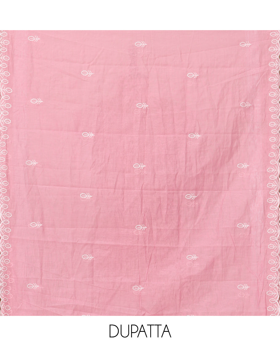 Pink Mul Chanderi Material Churidar, Floral Embroidery Top, a Plain Santoon Bottom, a Embroidered Dupatta