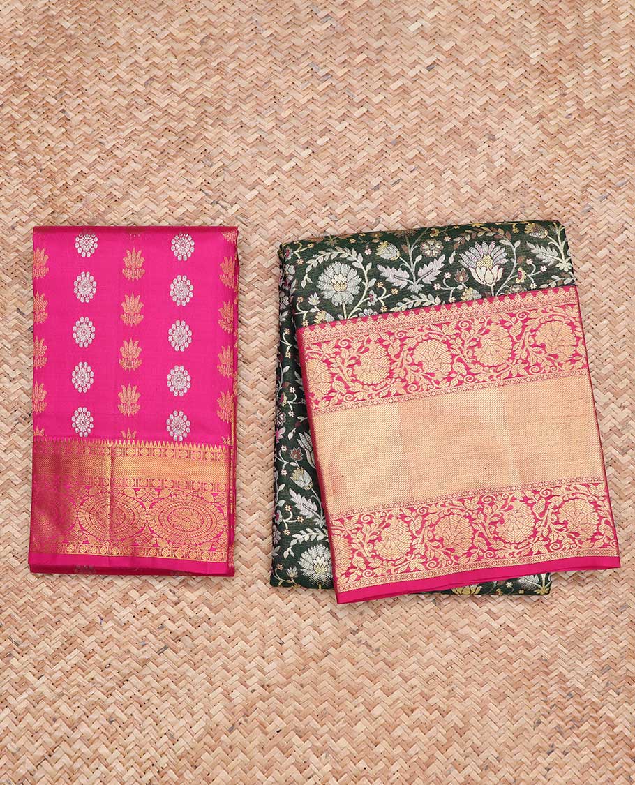 Black floal jacquard pure silk half saree with contrast floral border , zari design blouse & floral zari design dhavani