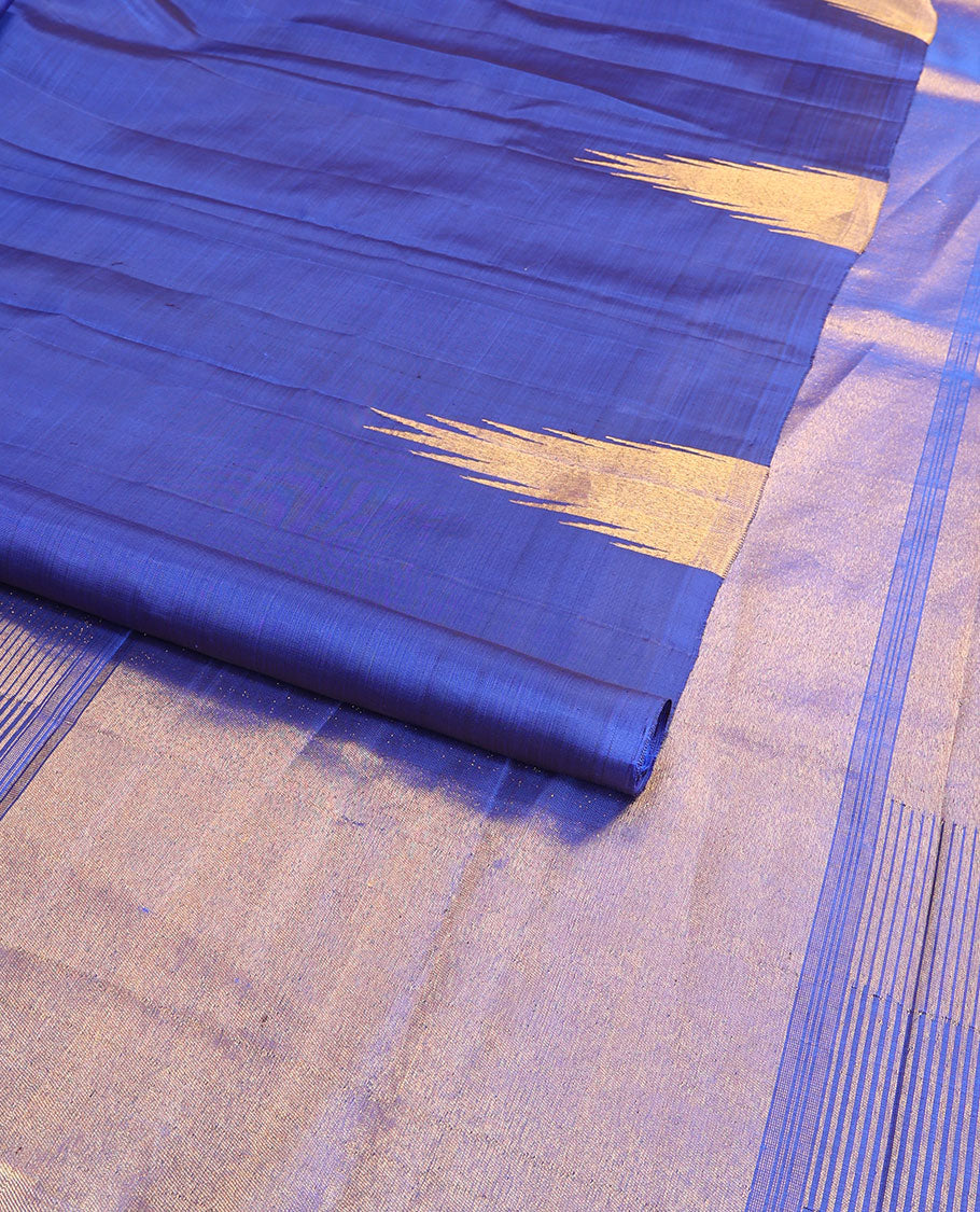 Blue kancheepuram silk saree with self temple border & striped pallu