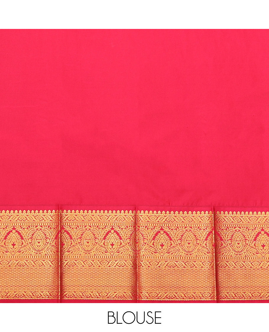 Yellow Budget Silk Saree, Subtly Sparkled with Zari Buttas, Complemented by a Contrast Traditional Zari Border, Jaal Pallu, and a Contrast Blouse