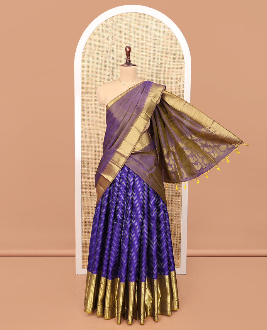 Violet Pure Silk Half-Saree, Finely Crafted with Zari Buttas on Its Skirt, Complemented by a Contrast Border Featuring Traditional Zari Designs, Comes with a Contrast Blouse and a Dhavani of Mayil-Chakram Enclosed Checks