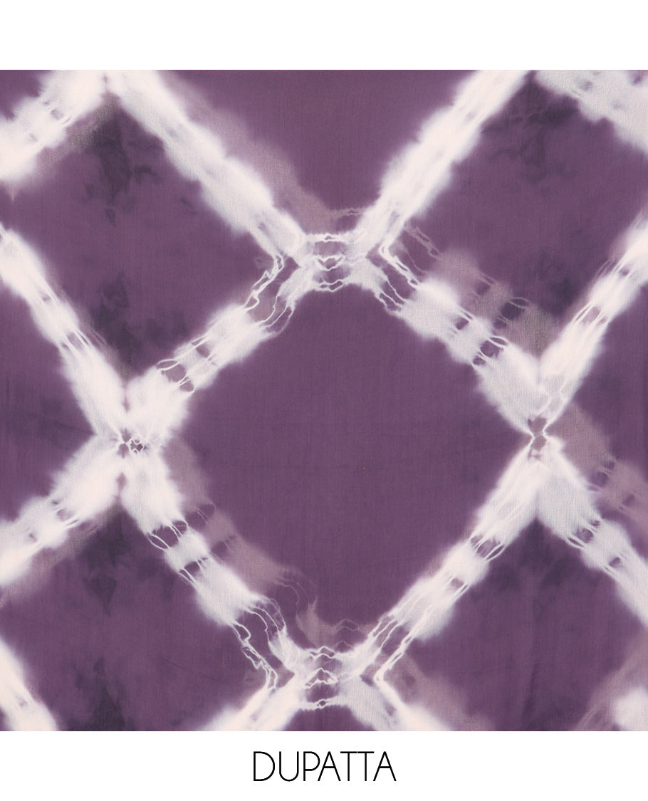 Dark Lavender Rayon Material Churidar Features Circle Buttas and Neck Embroidery Top, a Contrast Bottom, Shibori Printed Dupatta