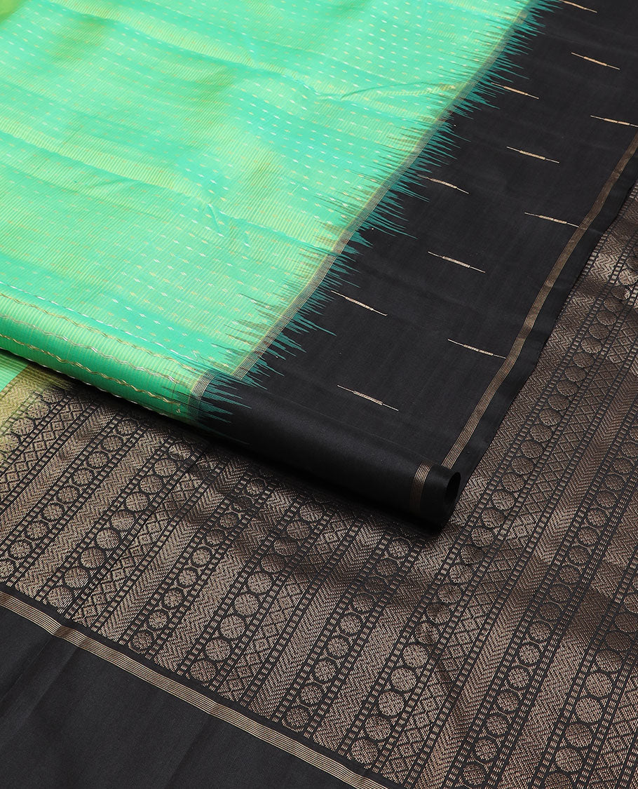 light green striped mayuri soft silk saree with contrast zari design border & geometric design pallu