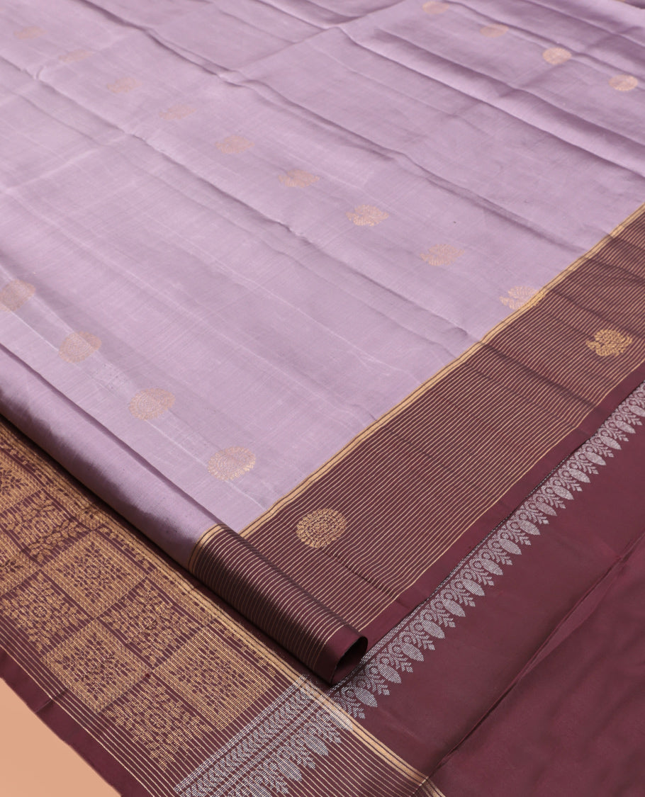 Lavender Mayuri Lite Silk Mix Saree, Accentuated with Mayil-Chakram Buttas, a Contrast Mayil Butta Striped Border, a Floral Pallu, and a Contrast Blouse