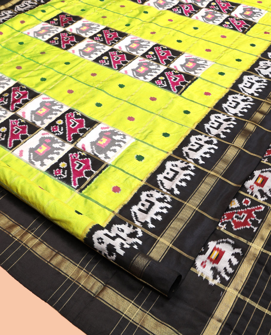 Green Pochampally Ikat Silk Saree, Styled with Patola-Style Animal Butta Enclosed Checks, Complemented by a Contrast Elephant Border, Animal Butta Enclosed Checks Pallu, and Contrast Blouse