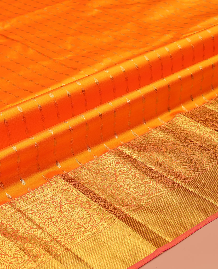 Yellow Pure Silk Pavadai Material, Gleamed Up with Zari Buttas on Its Skirt, a Contrast Traditional Zari Border, and a Contrast Blouse