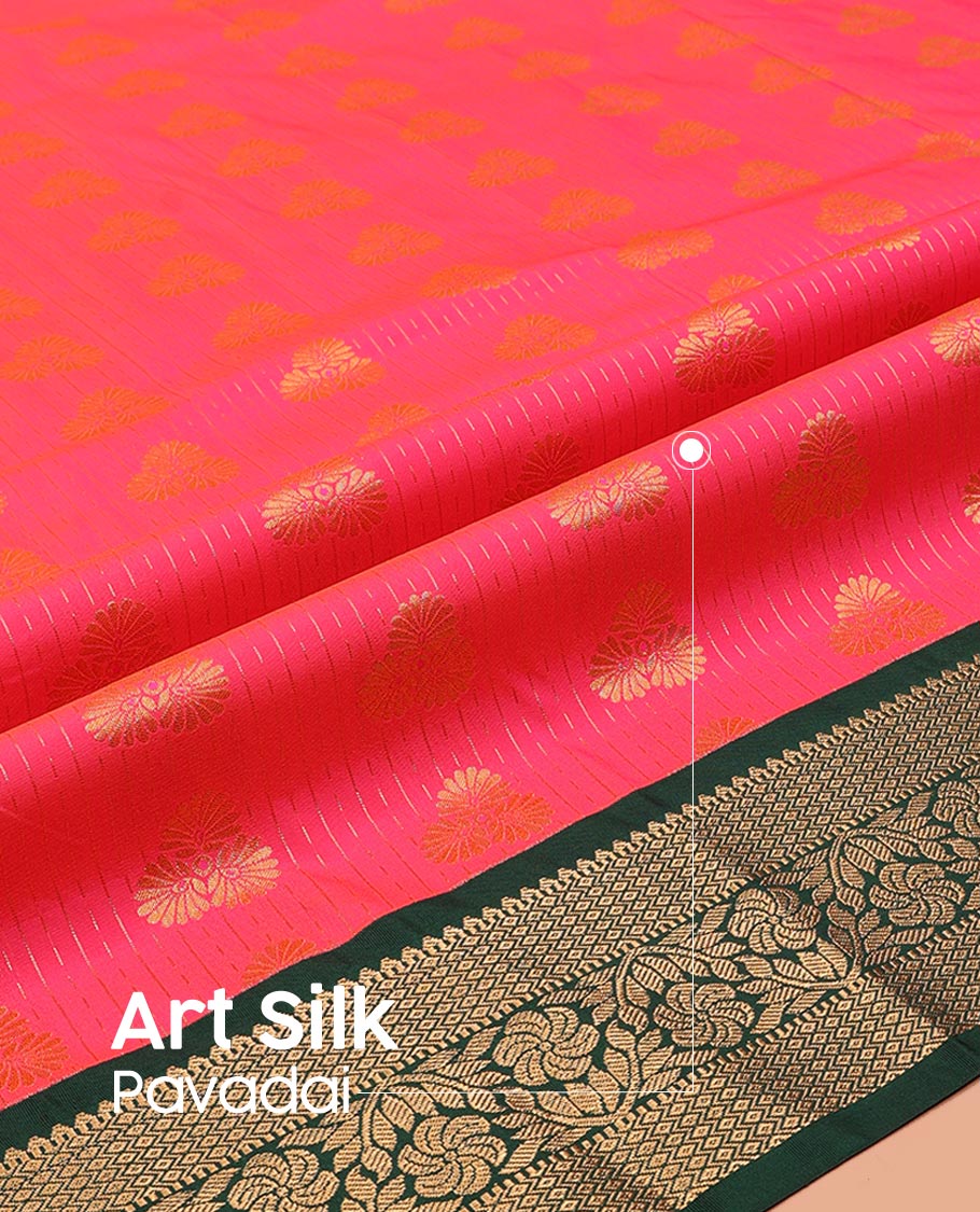 Pink Art Silk Pavadai Material Set Featuring Dotted Stripes and Floral Buttas on Its Skirt, Complemented by a Contrast Traditional Zari Design Border, and Paired with a Contrast Blouse