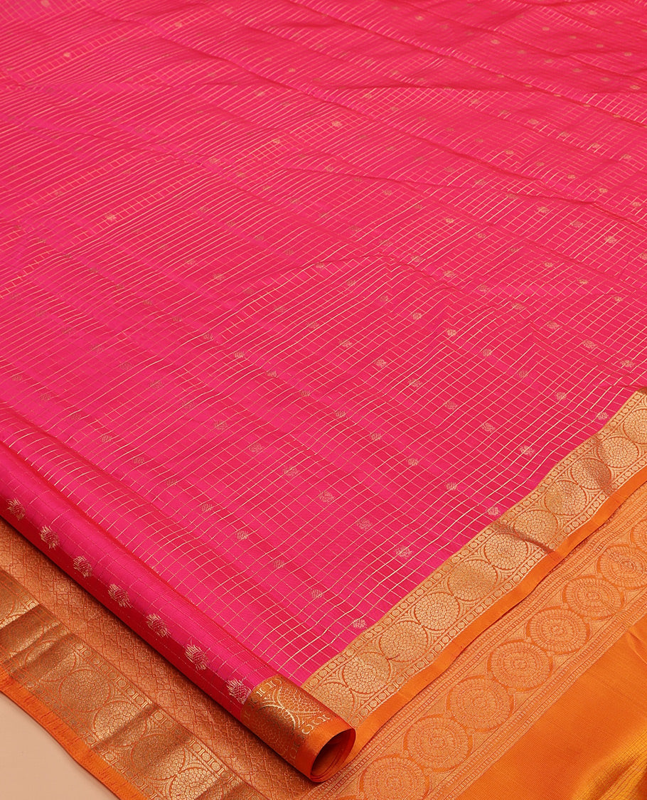 Pink Zari Buttas-Checked Vasundhara Lite Silk Mix Saree, Contrast Traditional Border, Contrast Blouse