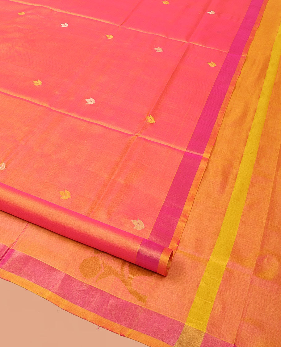 Orange Uppada Silk Saree Decorated with Zari Buttas, Complemented by Bavanji Border, Pallu Depicting Floral Motifs, and Paired with a Matching Blouse