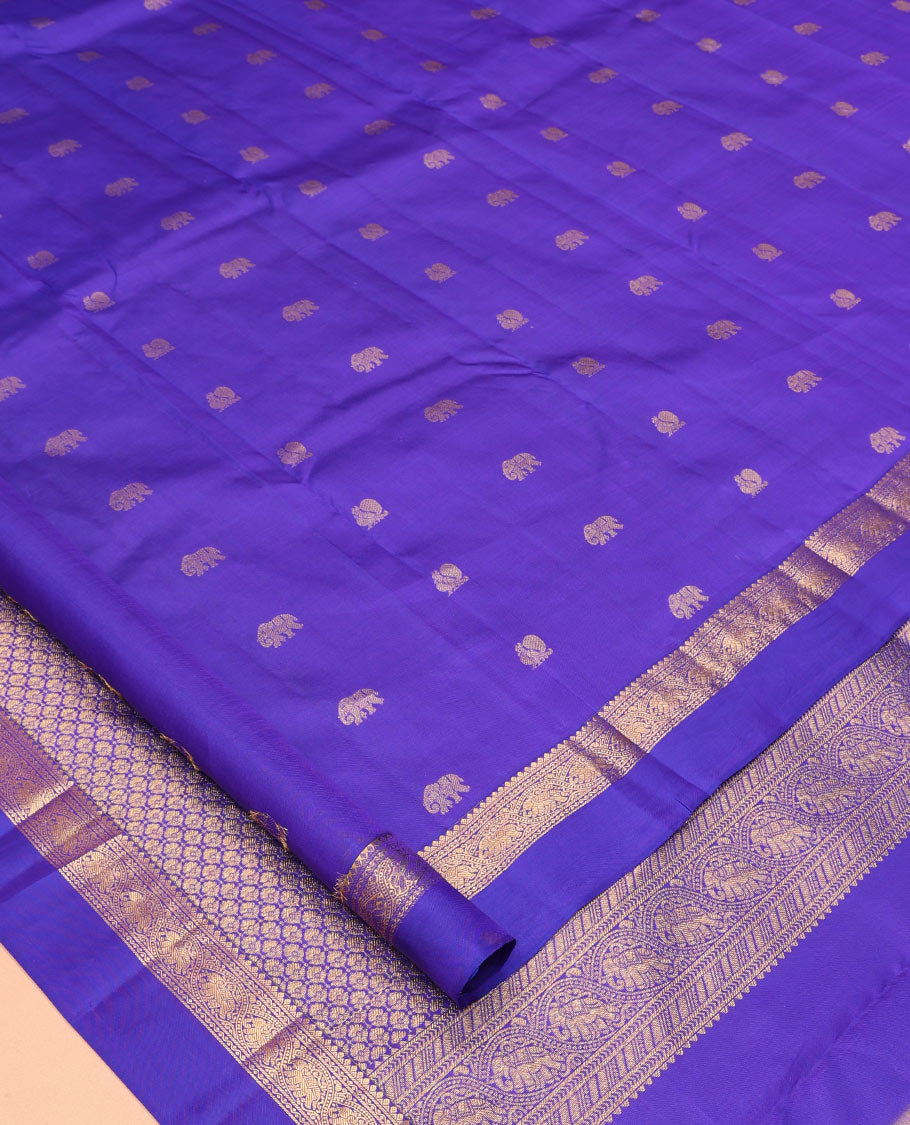 Violet Vasundhara Silk Saree, Elevated with Mayil and Yaanai Buttas, a Kal Eragina Border of Yaanai, and Neli Designs, Richly Woven Pallu, and a Matching Blouse