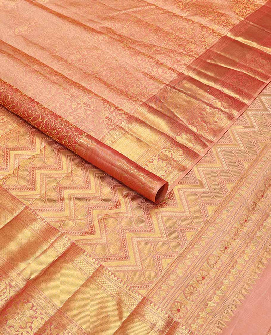 Peach floral jacquard silk saree with self border of paun, kuyil kann, banaras design & zari design pallu