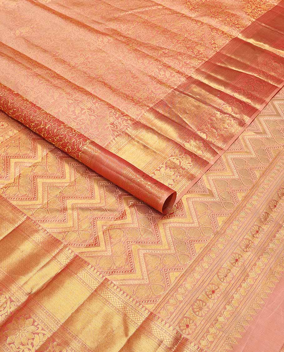 Peach floral jacquard silk saree with self border of paun, kuyil kann, banaras design & zari design pallu
