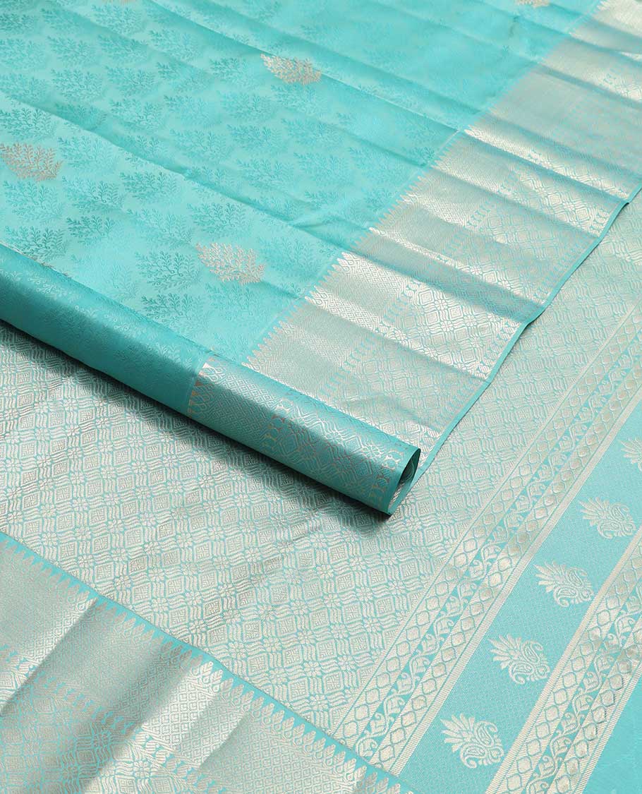 Sea blue leaf design kancheepuram silk saree with self floral design border & geometric design pallu