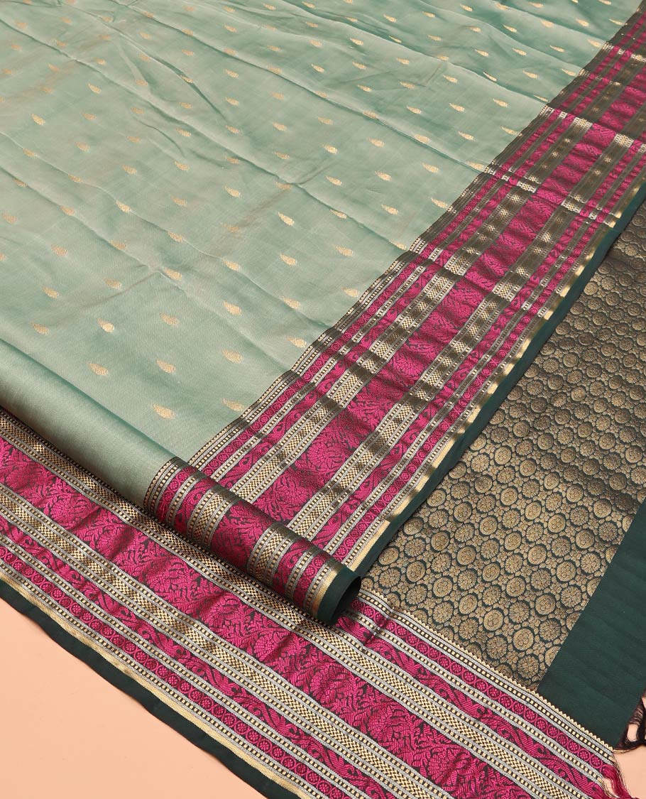 Green Zari Buttas Vasundhara Lite Silk Mix Saree, Contrast Temple Traditional Border, Chakra Pallu, a Contrast Blouse