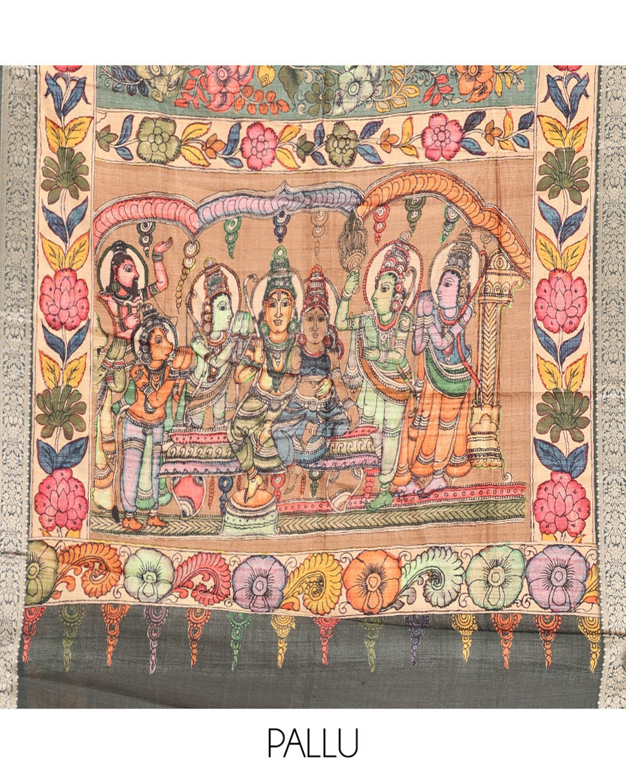Grey Kalamkari Saree, Accentuated with Floral Vine Print, Complemented by Contrast Zari and Printed Border, Human Figurines Printed Pallu, and a Contrast Blouse