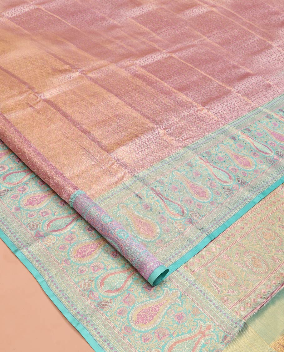 Pink Kanchipuram Tissue Silk Saree, Accentuated with Jacquard Designs on Its Body, Complemented by a Contrast Meenakari Border, Intricately Designed Meenakari Pallu, and Paired with a Contrast Blouse