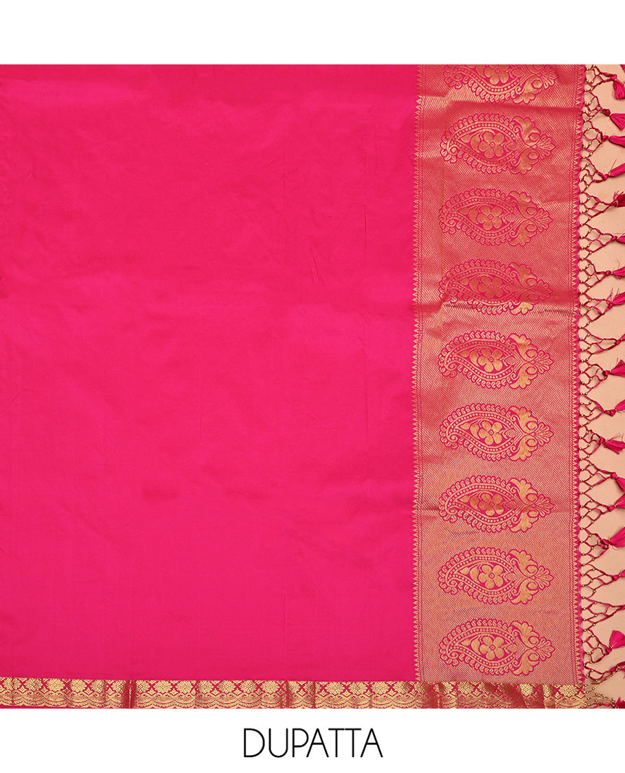 Yellow Art Silk Half-Saree, Embellished with Jacquard Design, Contrast Traditional Zari Border, Paired with a Contrast Jacquard Blouse, and an Intricate Dhavani