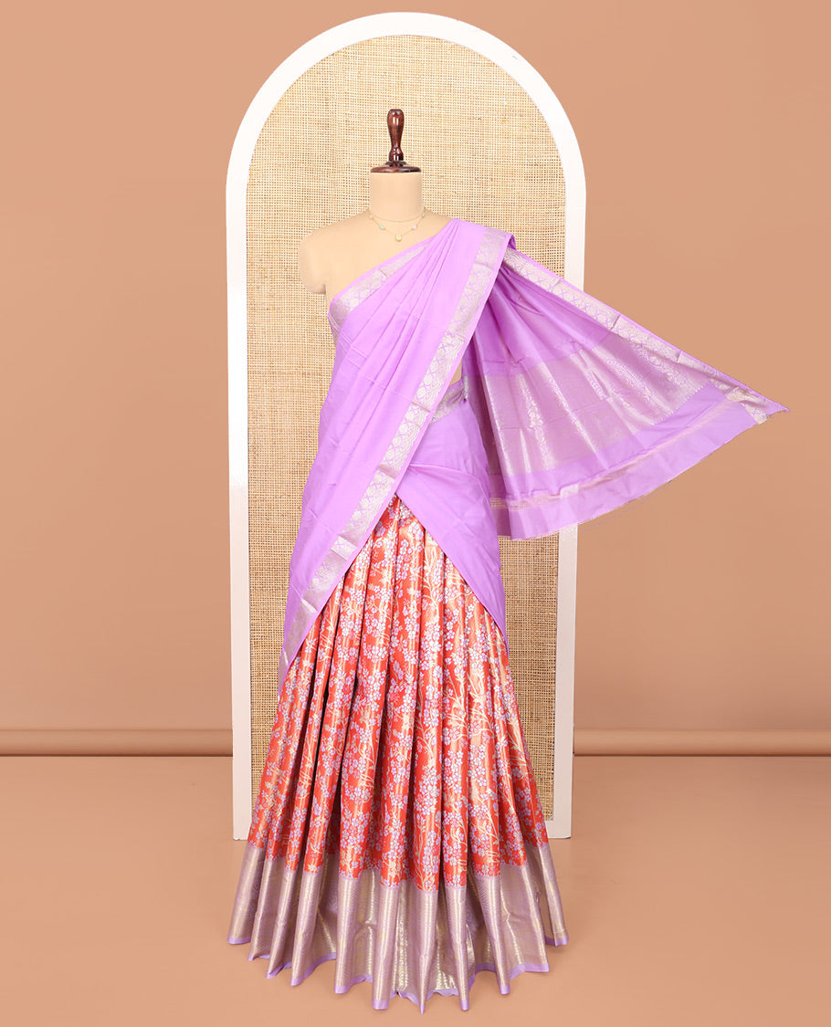Orange Art Silk Material Half Saree Set, Accentuated with Floral Jacquard Design Skirt, a Contrast Traditional Zari Design Border, Contrast Zari-Jacquard Blouse, and a Dhavani of Paisley Designs