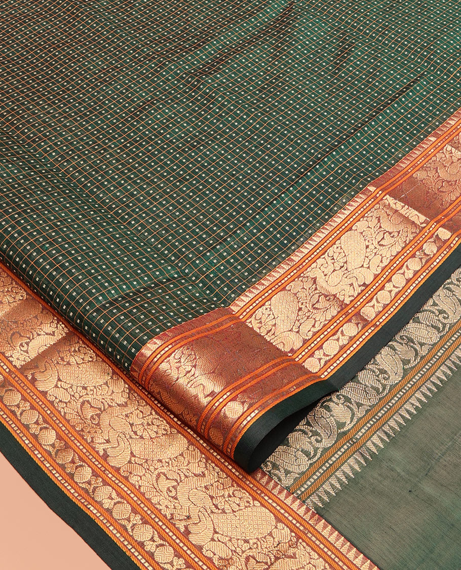 Green Buttas-Checks Kuppadam Silk Saree, a Contrast Traditional Border, Grand Pallu, a Matching Blouse
