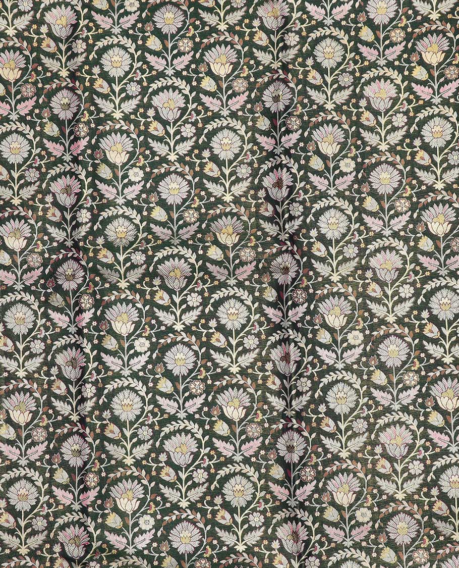 Black floal jacquard pure silk half saree with contrast floral border , zari design blouse & floral zari design dhavani