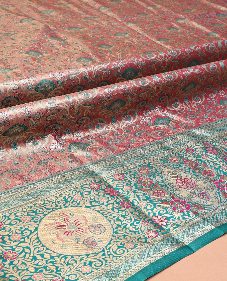 Red Art Silk Half-Saree, Elevated with Jacquard Design, Contrast Intricate Zari Border, Paired with a Contrast Jacquard Blouse, and an Intricate Dhavani