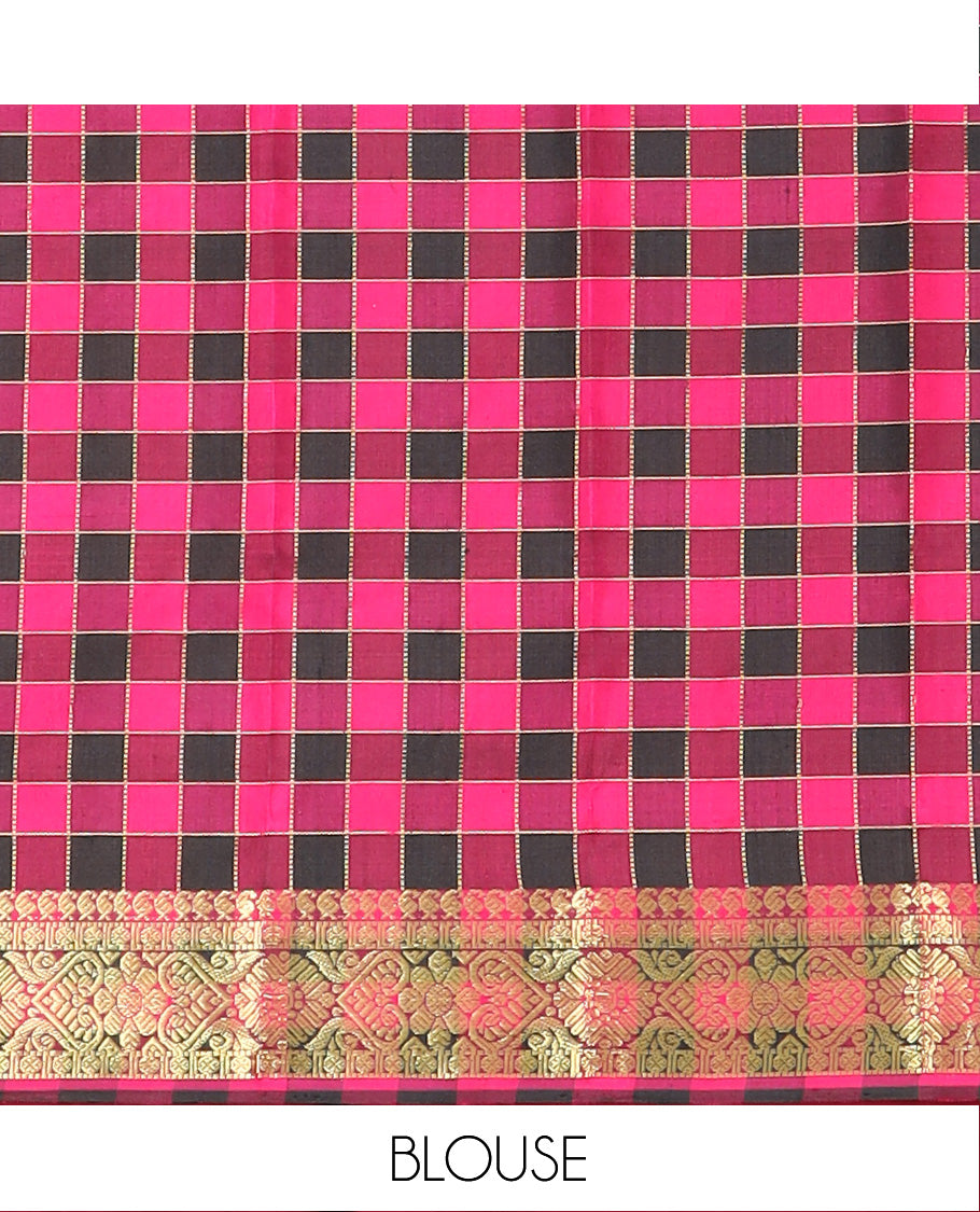 Orange Gadwal Saree Accentuated with Zari Buttas, Traditional Zari Design Border, Pallu Complemented with Multi-Coloured Checks, and a Contrast Blouse