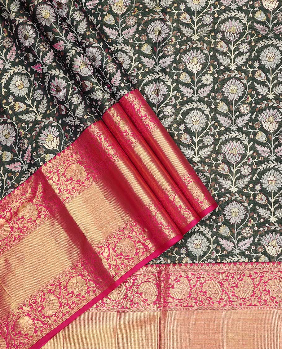 Black floal jacquard pure silk half saree with contrast floral border , zari design blouse & floral zari design dhavani