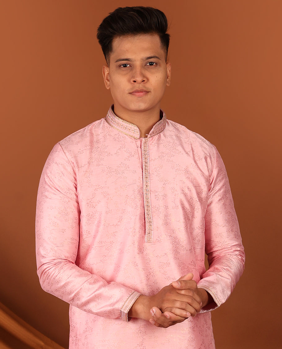Pink Floral Motifs Sparsely Print with Neck Embroidery Full-Sleeved Men's Kurta, Comes with Pants