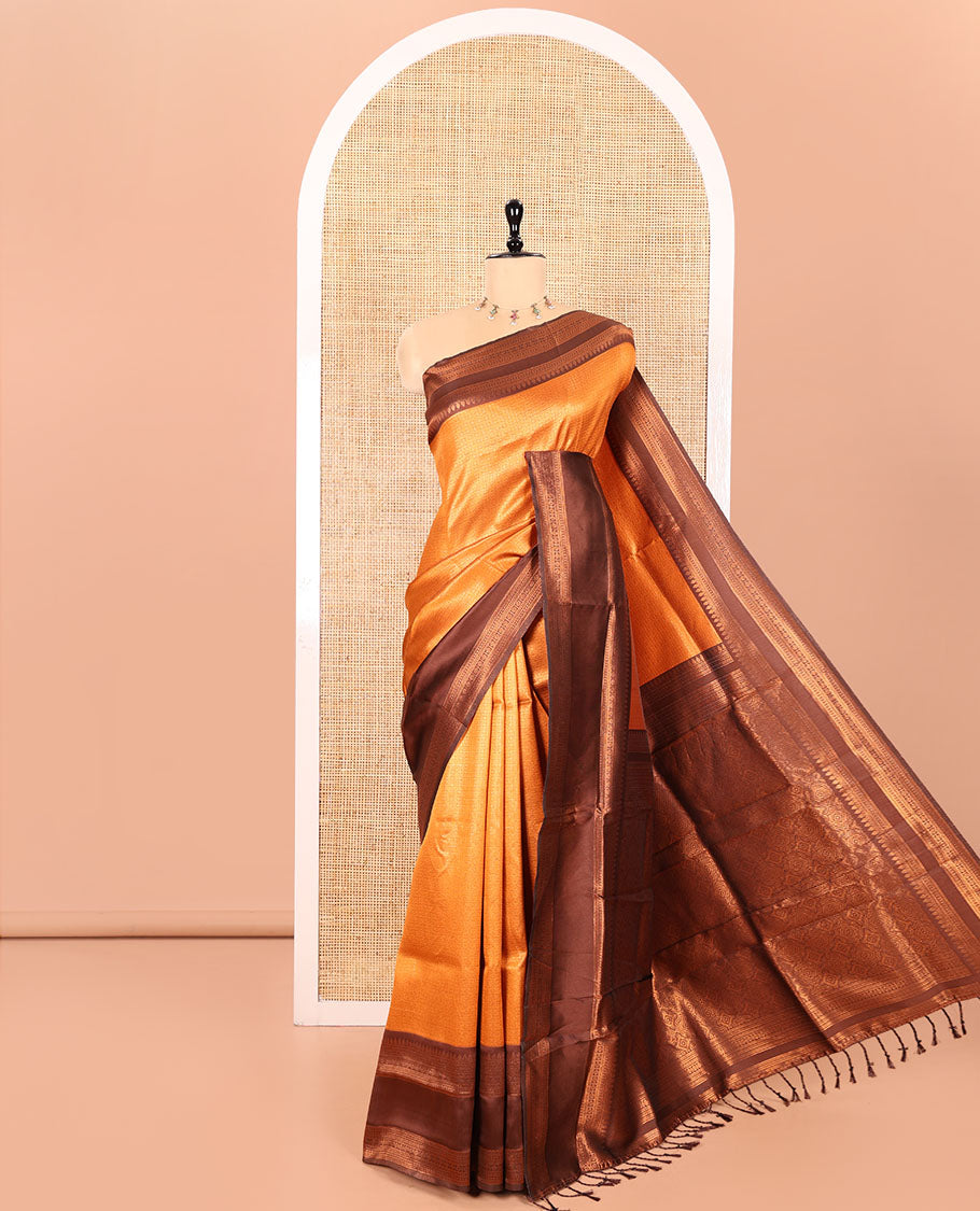 Rust Orange Kanchi Silk Saree Elevated with Floral Butta Enclosed Checks All Over Its Body, Complemented by Contrast Traditional Zari Rettai Pettu Border, Majestically Detailed Pallu, and Paired with a Contrast Blouse