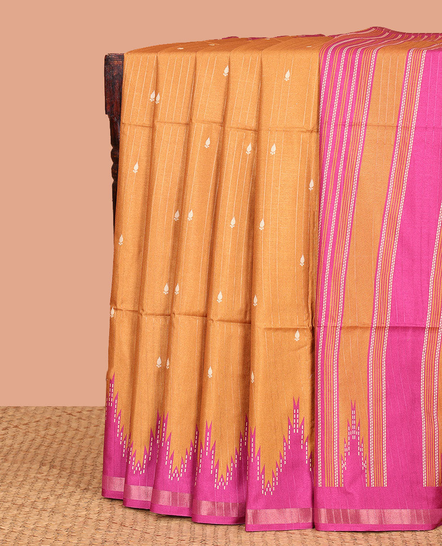 Mustard Kathan Silk Saree Adorned with Buttas, Contrast Temple Border, Temple pallu, and Striped Blouse
