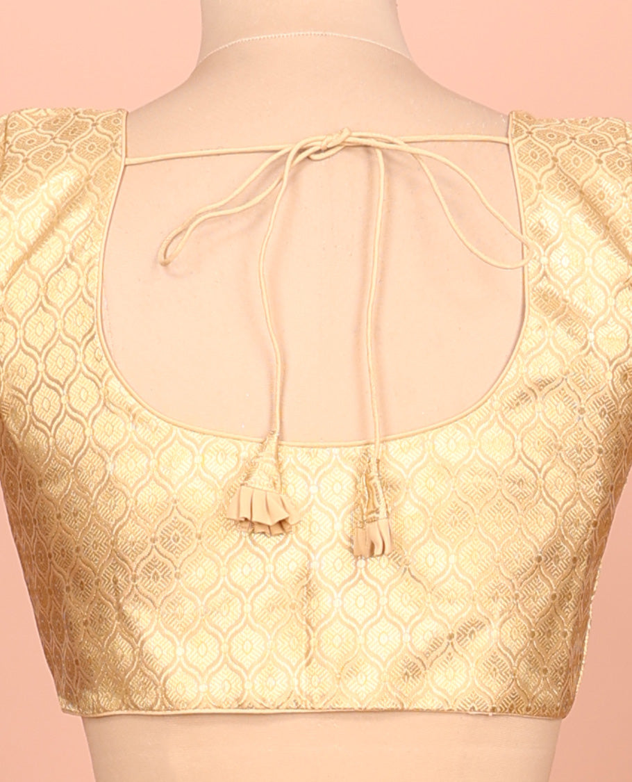 Gold ogee patterned front-back round neck elbow-sleeve readymade blouse