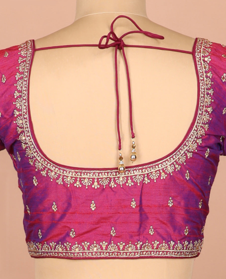 Purple thread embroidered front-and-back round elbow-sleeve readymade blouse