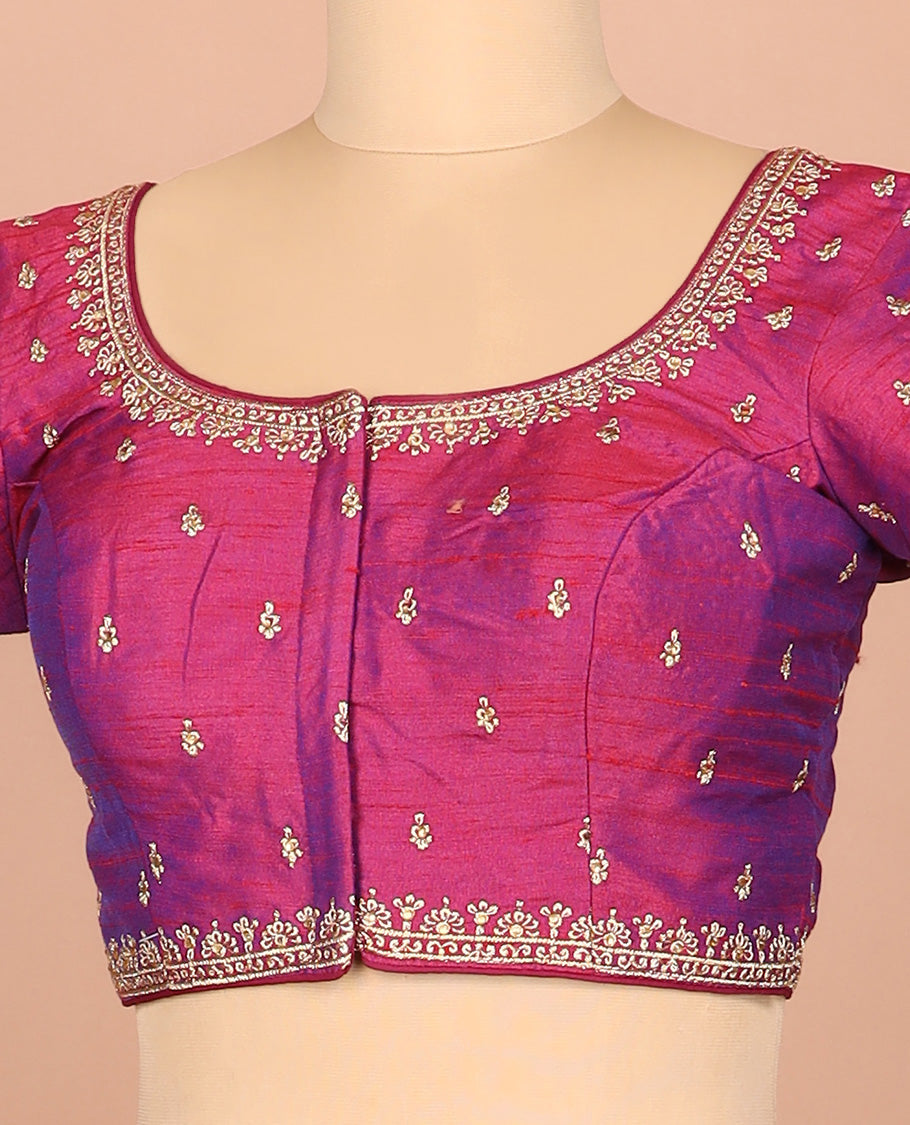 Purple thread embroidered front-and-back round elbow-sleeve readymade blouse