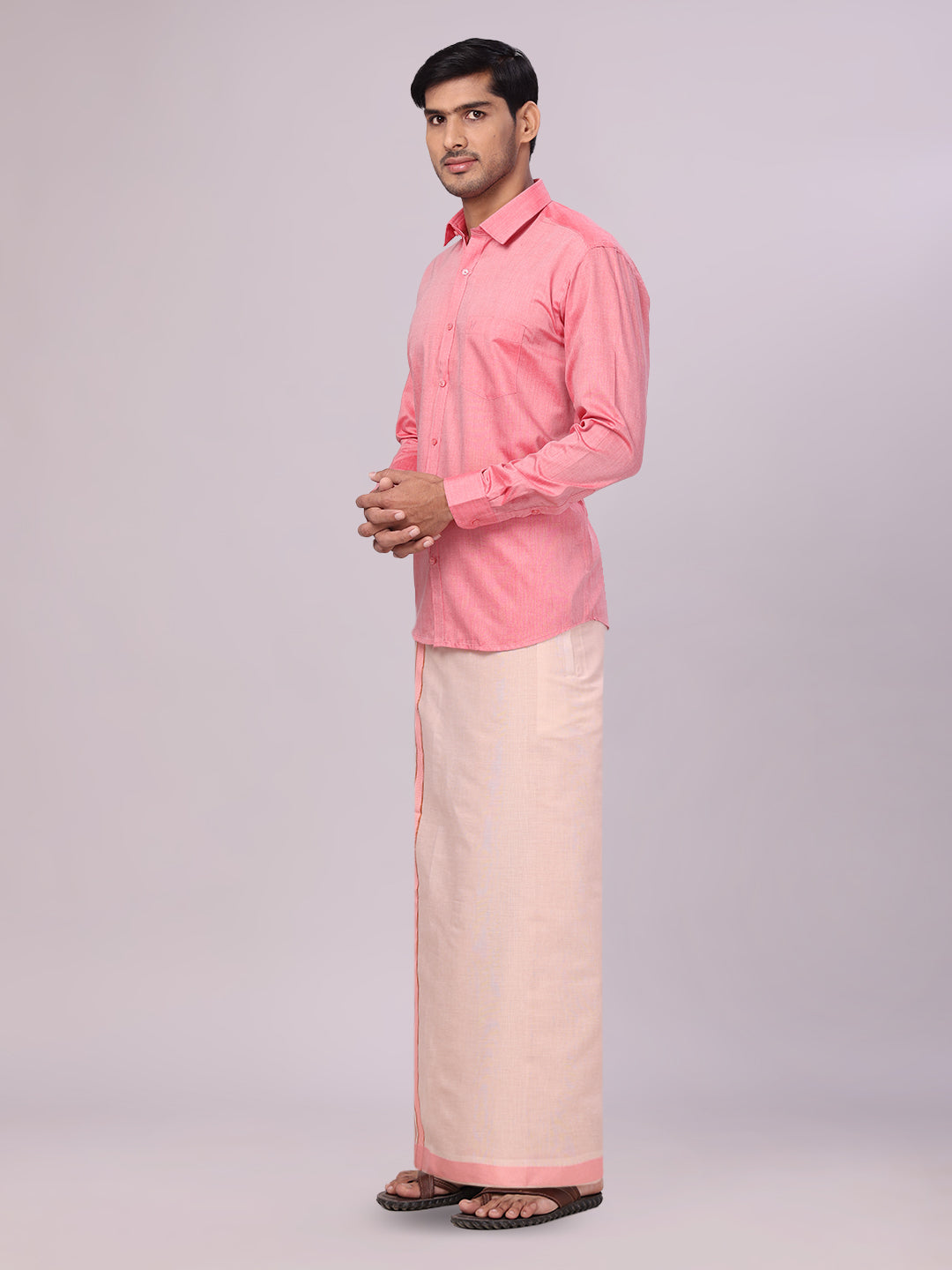 Men's Pink Color Cotton Shirt with Matching Border Tissue Dhoti Combo