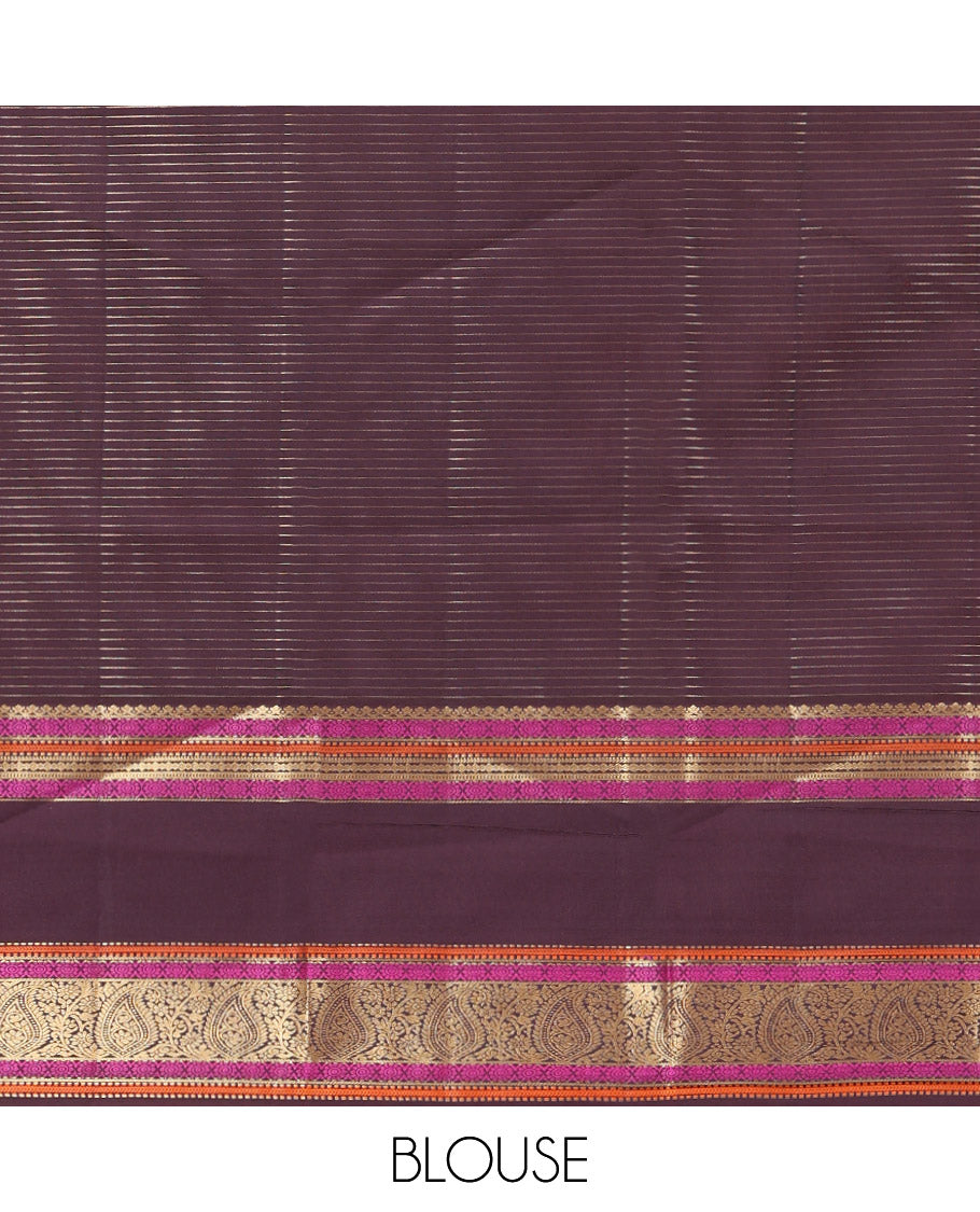 Pink Vasundhara Lite Silk Saree, Subtly Detailed with Thread and Zari Stripes, Complemented by Contrast Rettai Pettu Border of Salngai, Cross Kamalam, Muthu, Kathir, Diamond, and Arumbu Manga Designs, Grand Jaal Pallu, and Paired with a Contrast Blouse