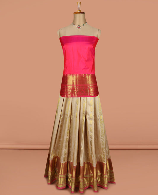 Cream pure silk half saree, zari design skirt, contrast border, and blouse of mayil kann, kodi visiry and mayil design, and intricate dhavani