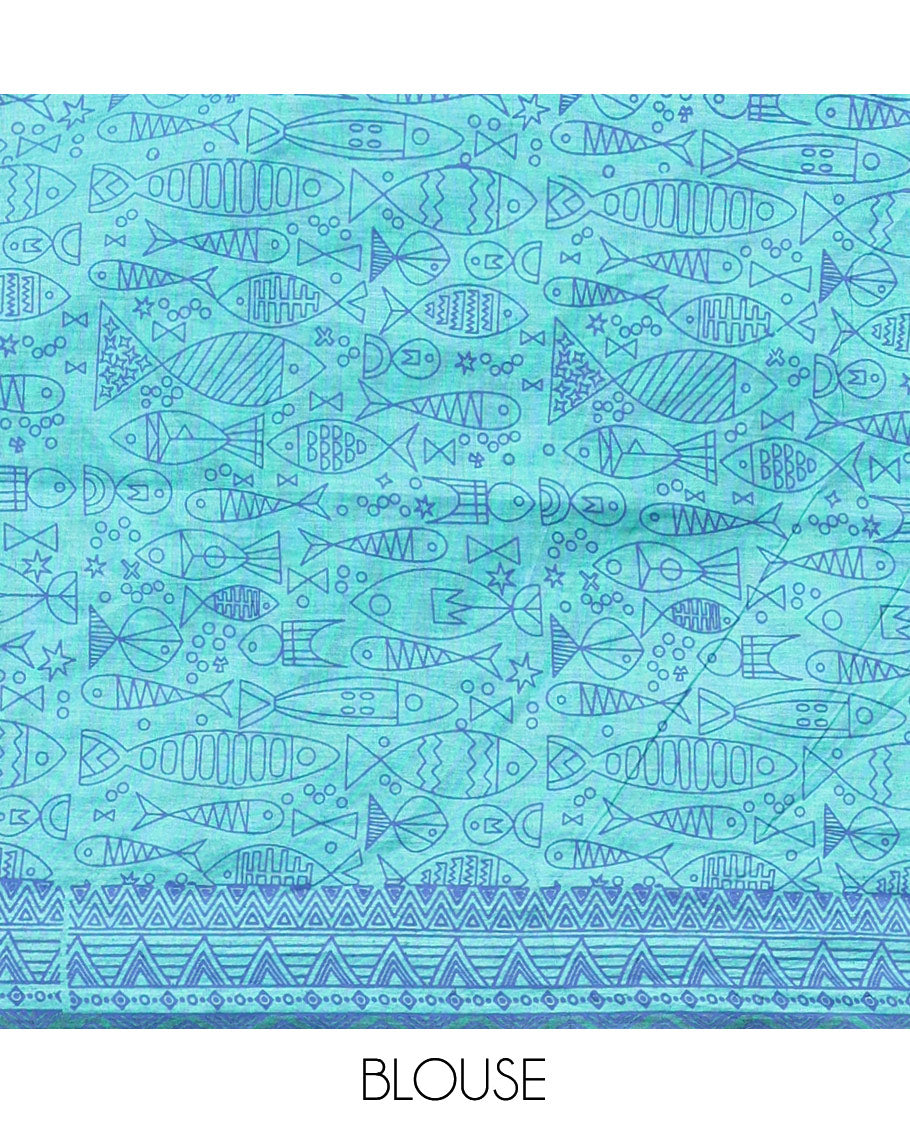 Blue Poly Cotton Saree, Steeped with Fishes, Temple-Printed Border, Printed Pallu, and a Matching Blouse