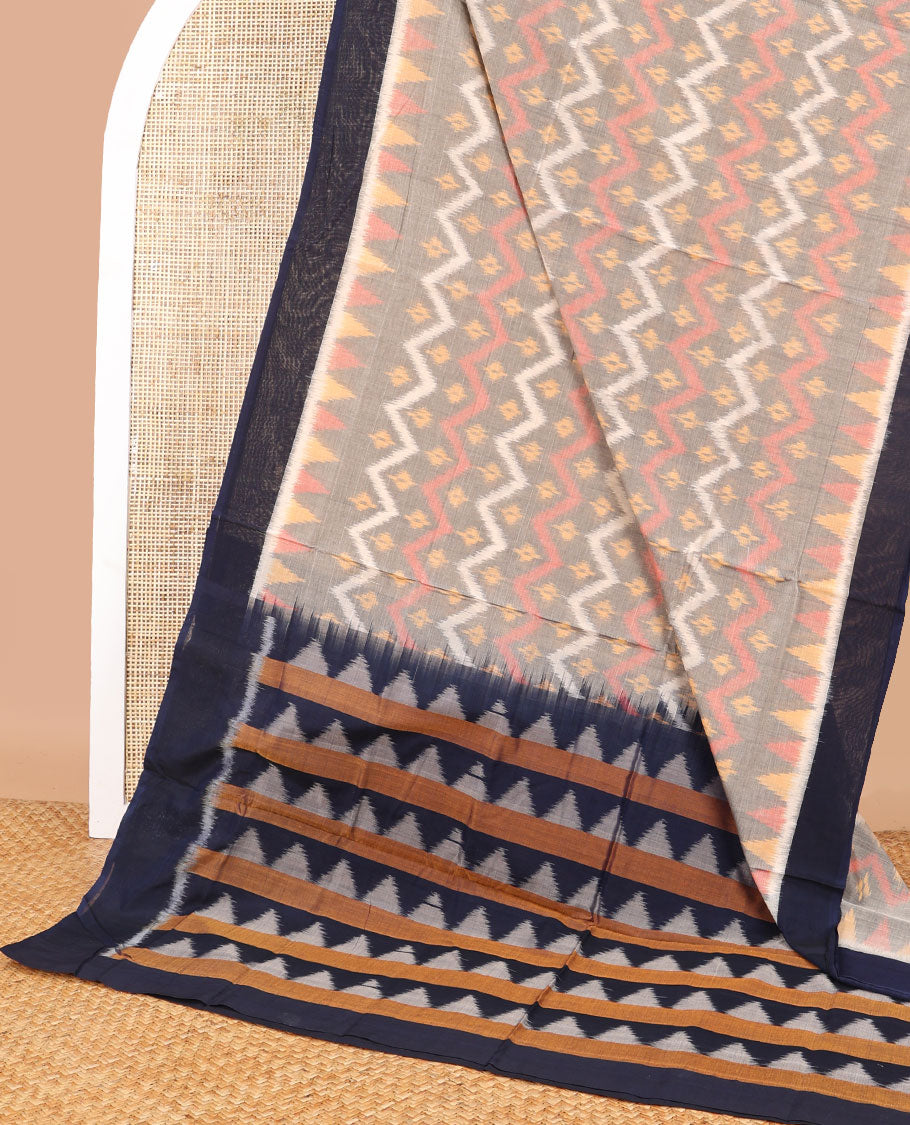 Light grey geometric motifs ikkat cotton saree with contrast border & triangle design pallu