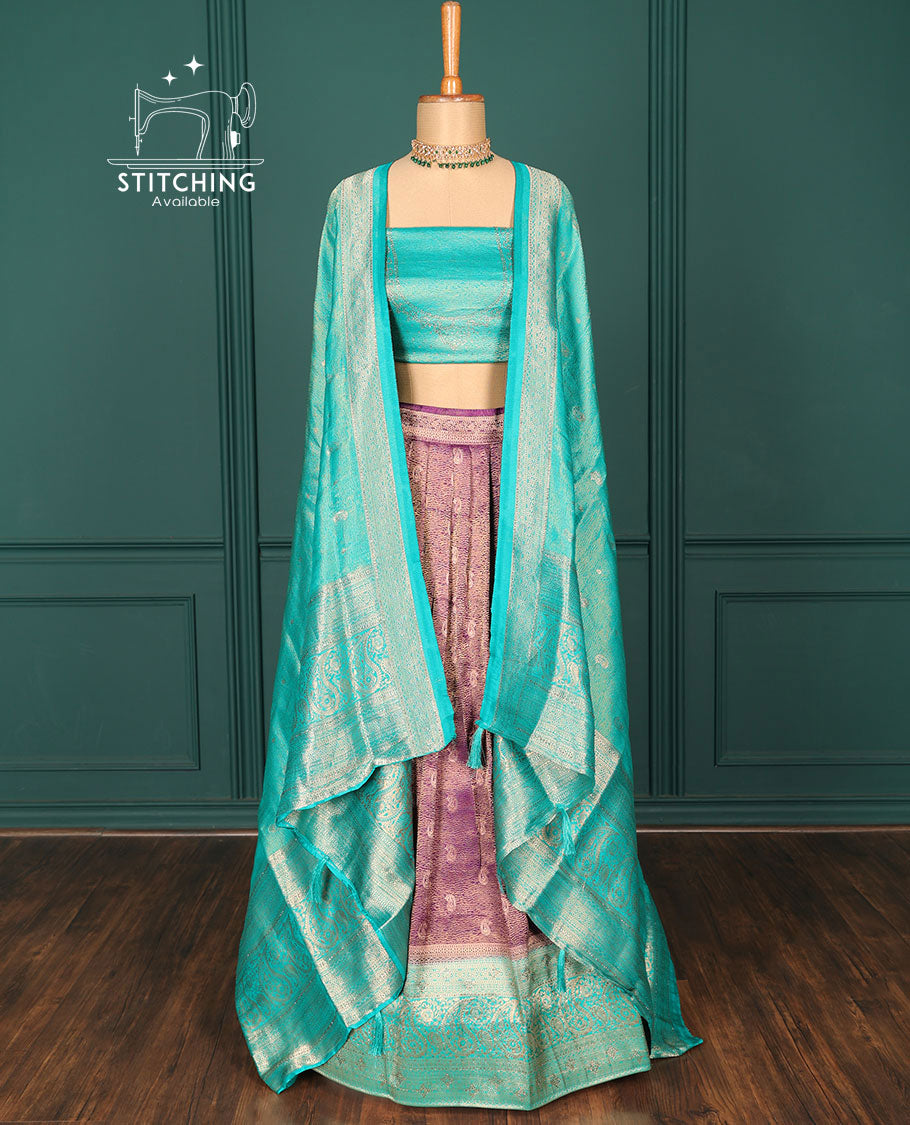 Purple jacquard art-silk half-saree, contrast traditional zari design border, stonework blouse & intricate dupatta