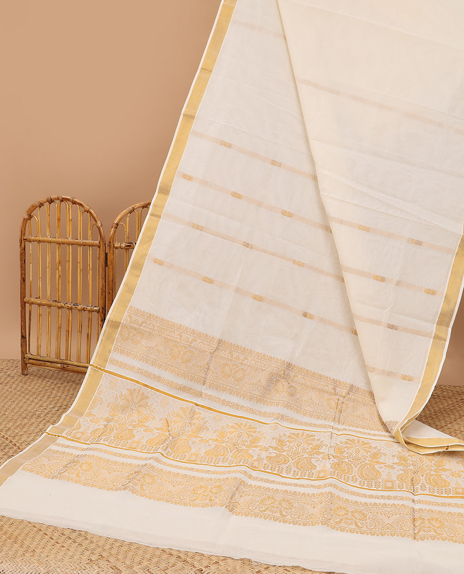 Cream kerala saree with zari stripes, zari border & pallu of floral & paisley designs
