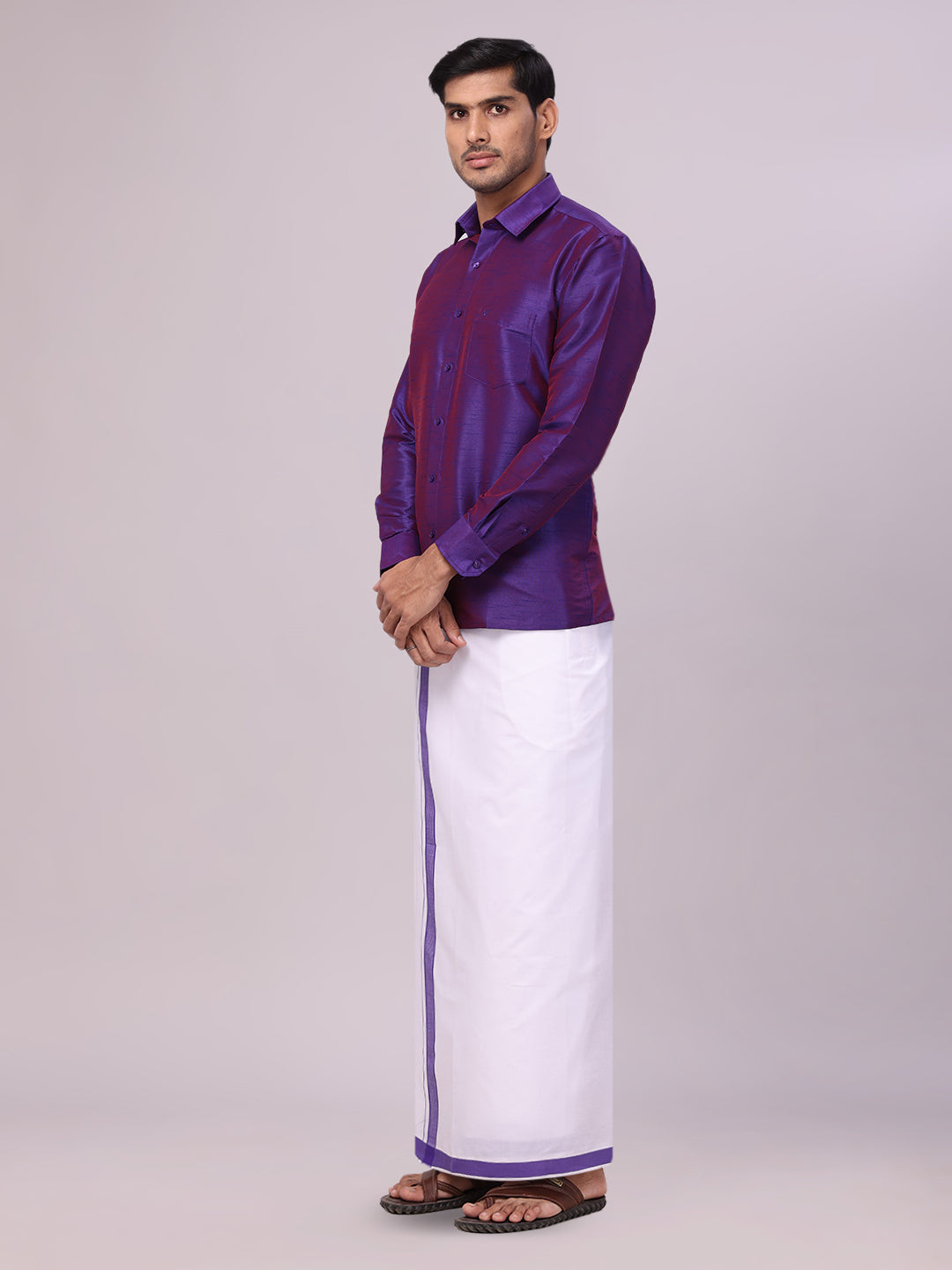 Men's Violet Dupion Satin Color Shirt with Matching Border Dhoti Combo Gora side pose