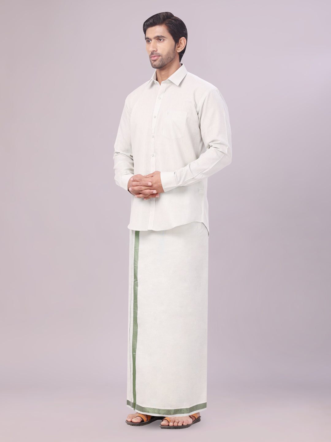 Men's Tissue Olive Green Color Flexi Dhoti Shirt Wedding Combo Maverick Flexi